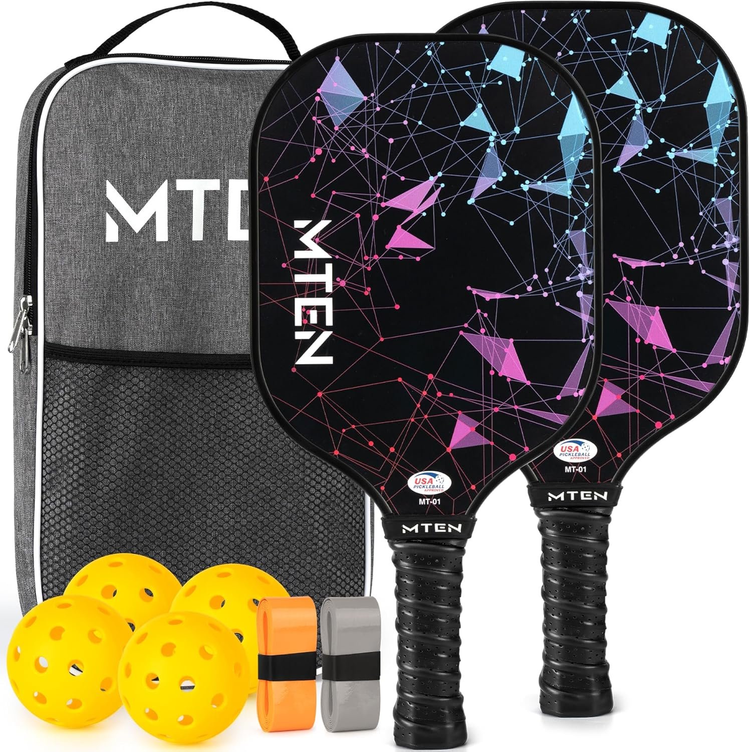 ערכת 2 מחבטי פיקלבול MTEN מפיברגלס באישור USAPA + 4 כדורים, 2 סרטי אחיזה ותיק נשיאה
