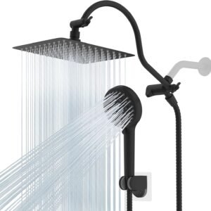 ראש מקלחת Hibbent All Metal בלחץ גבוה 25.4 ס"מ + ראש ידני 7 מצבים, זרוע מעוקלת מתכווננת, שחור מט