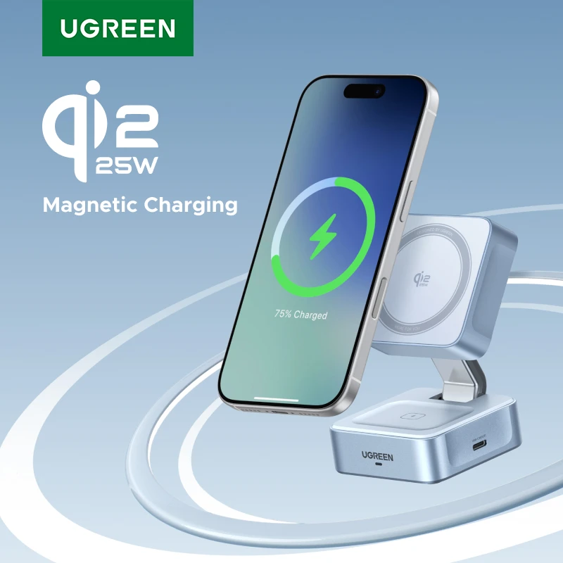 מטען אלחוטי מגנטי UGREEN Qi2.2 25W 15W 2 ב-1