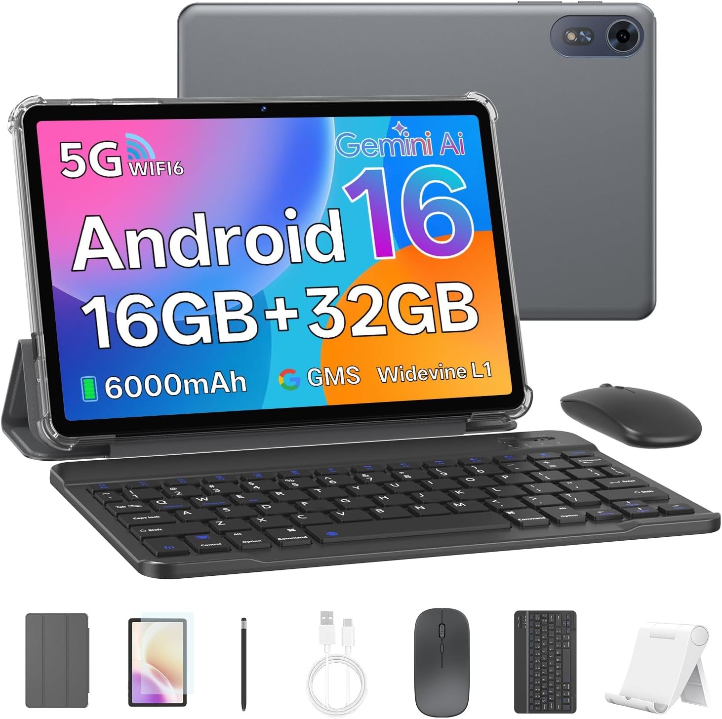 טאבלט אנדרואיד 10 אינץ' עם מקלדת, 16GB RAM + 32GB אחסון, אפור