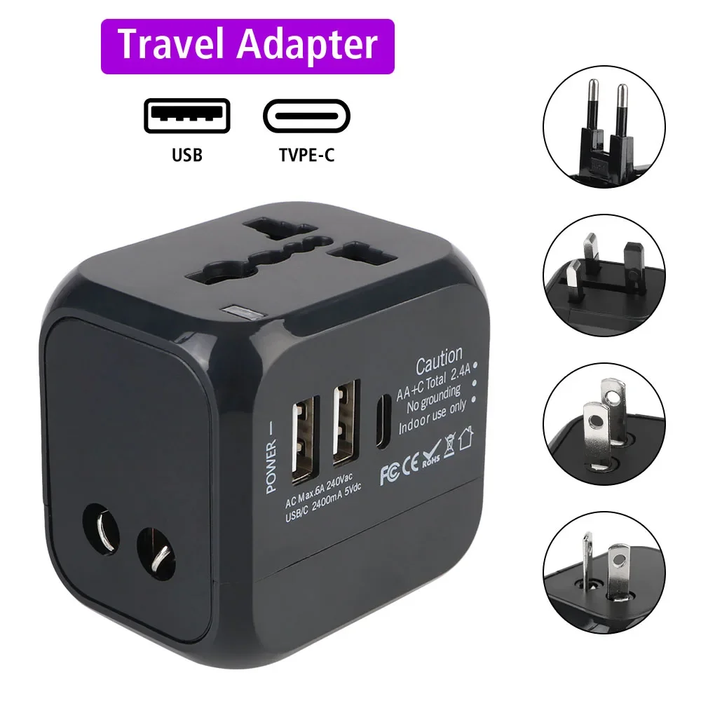 מתאם נסיעה אוניברסלי All-in-One עם תקע US EU UK AU ו-3 יציאות (2USB + 1 Type C)