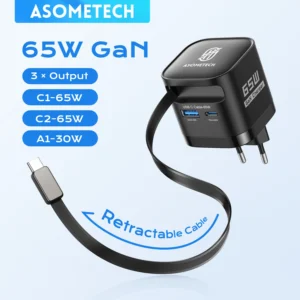 מטען USB GaN בהספק 65W עם כבל מתקפל מסוג C