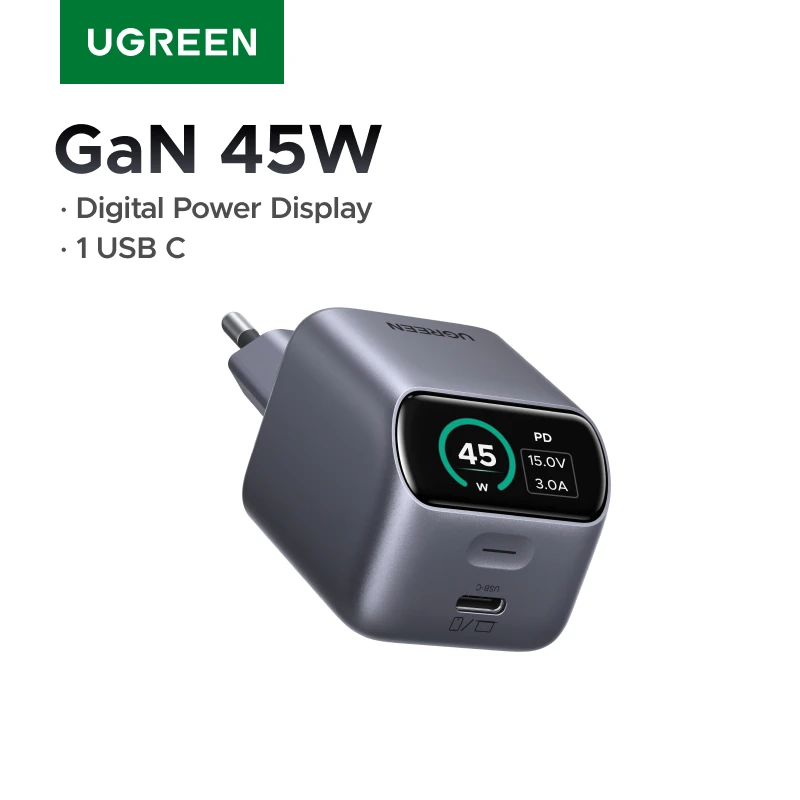 מטען UGREEN 45W בטכנולוגיית GaN עם תצוגה חכמה